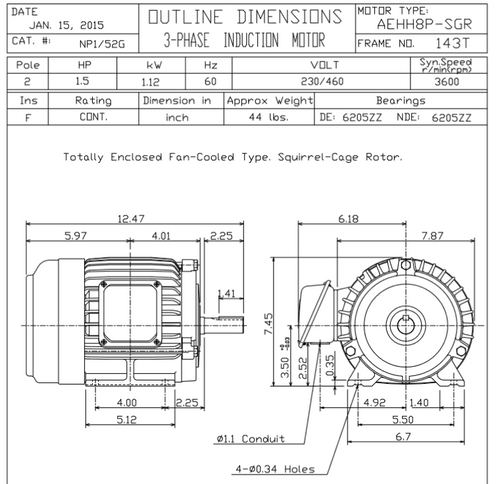 NP1/52G TECO-Westinghouse 1 1/2 hp 3600 RPM 143T 230/460V TEFC Severe Duty SGR 3-Ph Motor