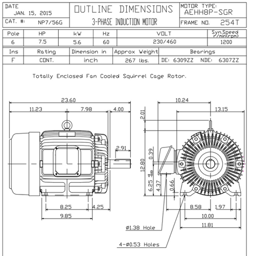 NP7/56G TECO-Westinghouse 7 1/2 hp 1200 RPM 254T 230/460V TEFC Severe Duty SGR 3-Ph Motor