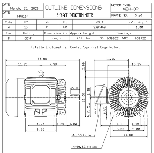 NP0154 TECO-Westinghouse 15 hp 1800 RPM 254T 230/460V TEFC Severe Duty 3-Ph Motor
