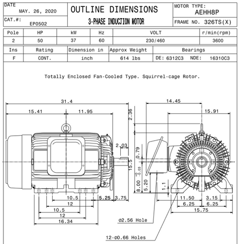 NP0502 TECO-Westinghouse 50 hp 3600 RPM 326TS 230/460V TEFC Severe Duty 3-Ph Motor