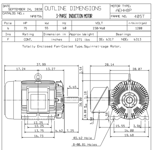 NP0756 TECO-Westinghouse 75 hp 1200 RPM 405T 230/460V TEFC Severe Duty 3-Ph Motor