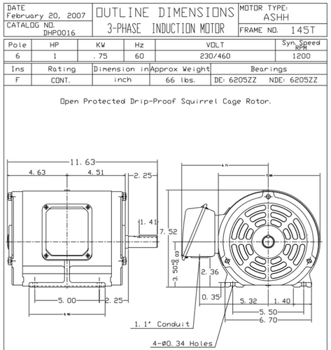 DHP0016 TECO-Westinghouse  1 HP 1200 RPM 143T 230/460V ODP Cast Iron 3-Phase Motor