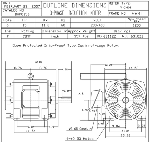 DHP0156 TECO-Westinghouse 15 HP 1200 RPM 284T 230/460V ODP Cast Iron 3-Phase Motor