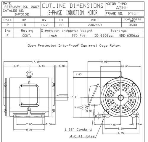 DHP0152 TECO-Westinghouse 15 HP 3600 RPM 215T 230/460V ODP Cast Iron 3-Phase Motor