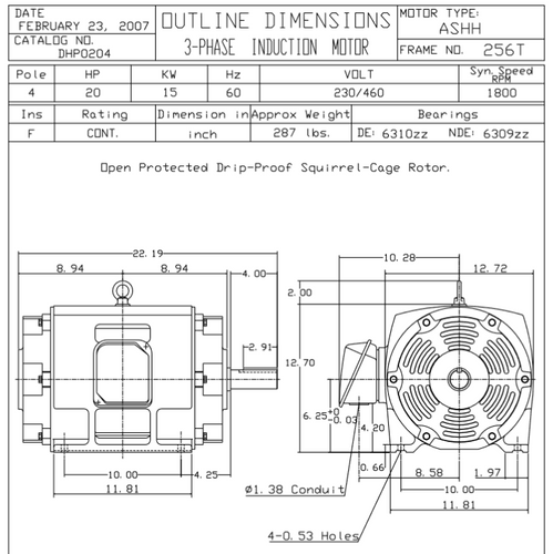 DHP0204 TECO-Westinghouse 20 HP 1800 RPM 256T 230/460V ODP Cast Iron 3-Phase Motor