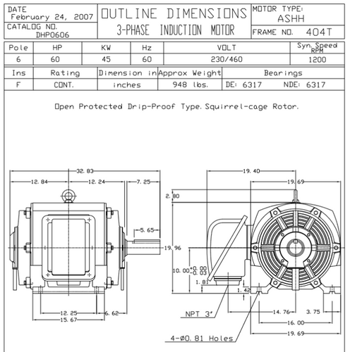 DHP0606 TECO-Westinghouse 60 HP 1200 RPM 404T 230/460V ODP Cast Iron 3-Phase Motor