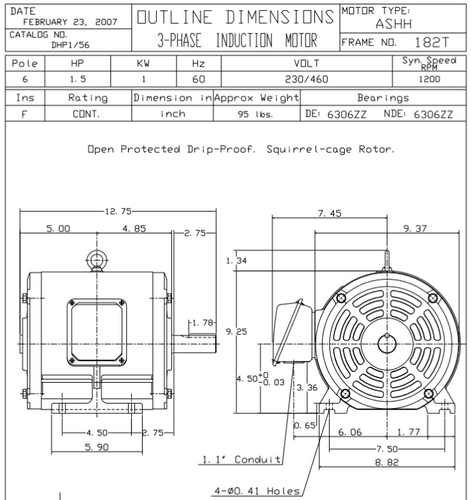 DHP1/56 TECO-Westinghouse 1 1/2 HP 1200 RPM 182T 230/460V ODP Cast Iron 3-Phase Motor