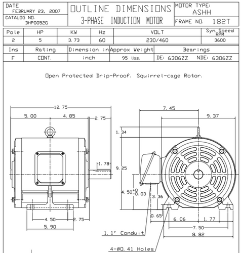DHP0052G TECO-Westinghouse 5 HP 3600 RPM 182T 230/460V ODP Cast Iron SGR 3-Phase Motor