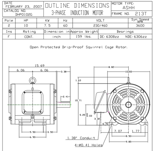 DHP0102G TECO-Westinghouse 10 HP 3600 RPM 213T 230/460V ODP Cast Iron SGR 3-Phase Motor