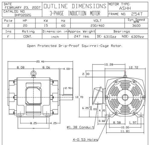 DHP0202G TECO-Westinghouse 20 HP 3600 RPM 254T 230/460V ODP Cast Iron SGR 3-Phase Motor