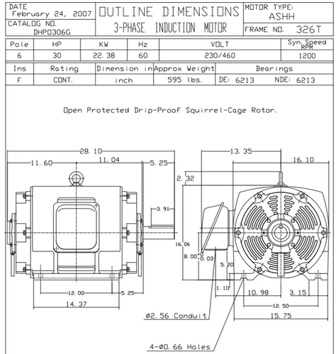 DHP0306G TECO-Westinghouse 30 HP 1200 RPM 326T 230/460V ODP Cast Iron SGR 3-Phase Motor