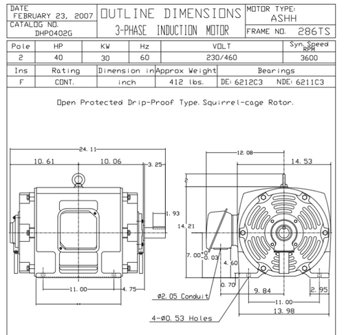 DHP0402G TECO-Westinghouse 40 HP 3600 RPM 286TS 230/460V ODP Cast Iron SGR 3-Phase Motor