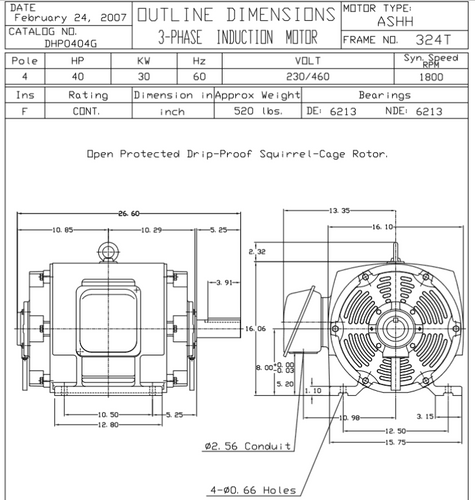 DHP0404G TECO-Westinghouse 40 HP 1800 RPM 324T 230/460V ODP Cast Iron SGR 3-Phase Motor