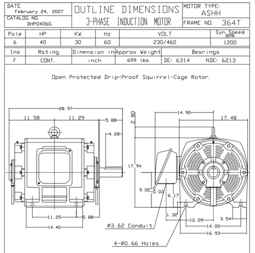 DHP0406G TECO-Westinghouse 40 HP 1200 RPM 364T 230/460V ODP Cast Iron SGR 3-Phase Motor