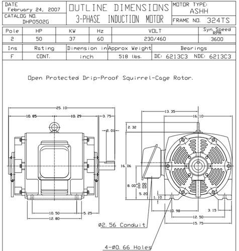DHP0502G TECO-Westinghouse 50 HP 3600 RPM 324TS 230/460V ODP Cast Iron SGR 3-Phase Motor