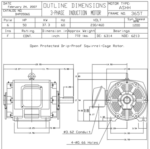 DHP0506G TECO-Westinghouse 40 HP 1200 RPM 365T 230/460V ODP Cast Iron SGR 3-Phase Motor