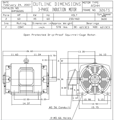 DHP0602G TECO-Westinghouse 60 HP 3600 RPM 326TS 230/460V ODP Cast Iron SGR 3-Phase Motor
