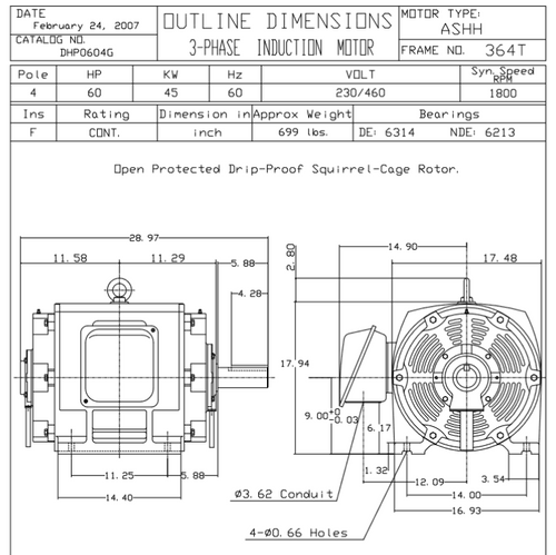 DHP0604G TECO-Westinghouse 60 HP 1800 RPM 364T 230/460V ODP Cast Iron SGR 3-Phase Motor