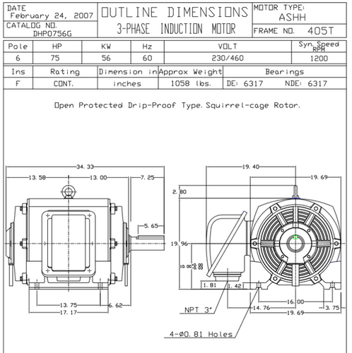 DHP0756G TECO-Westinghouse 75 HP 1200 RPM 405T 230/460V ODP Cast Iron SGR 3-Phase Motor