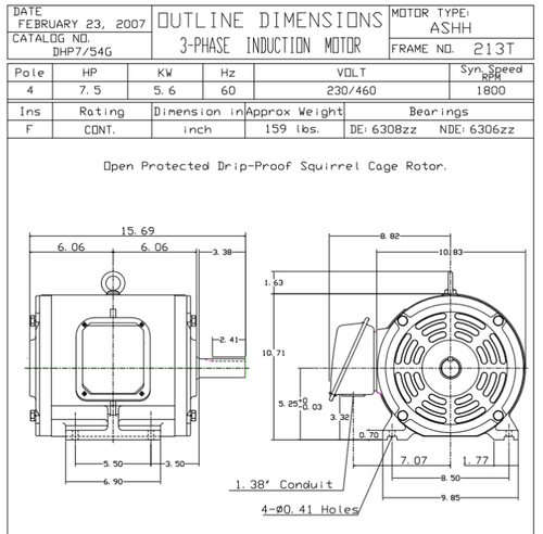 DHP7/54G TECO-Westinghouse 7 1/2 HP 1800 RPM 213T 230/460V ODP Cast Iron SGR 3-Phase Motor