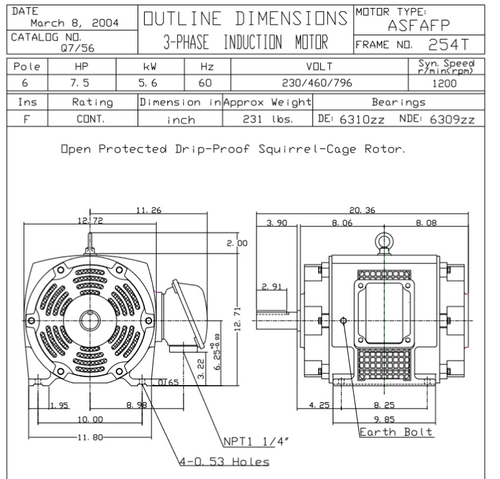 Q7/56 TECO-Westinghouse 7 1/2 HP 1200 RPM 254T 230/460/796V ODP 3-Phase Oil Well Pump Motor