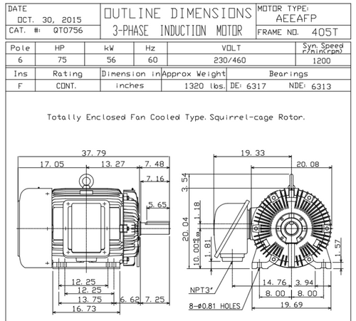 QT0756 TECO-Westinghouse 75 HP 1200 RPM 444T 230/460V TEFC 3-Phase Oil Well Pump Motor