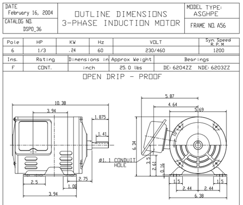 DSP0/36 TECO-Westinghouse 1/3 HP 1200 RPM 56 Frame 230/460V ODP Rolled Steel 3-Phase Motor