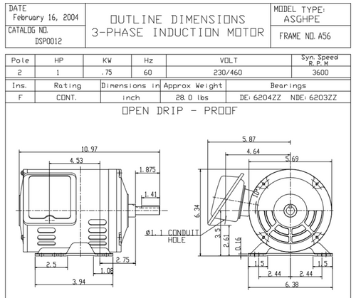 DSP0012 TECO-Westinghouse 1 HP 3600 RPM 56 Frame 230/460V ODP Rolled Steel 3-Phase Motor