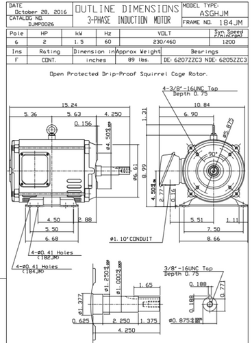 DJMP0026 TECO-Westinghouse 2 HP 1200 RPM 184T JM 230/460V ODP Rolled Steel 3-Ph Pump Motor