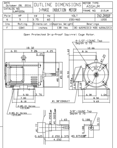 DJMP0056 TECO-Westinghouse 5 HP 1200 RPM 215T JM  230/460V ODP Rolled Steel 3-Ph Pump Motor