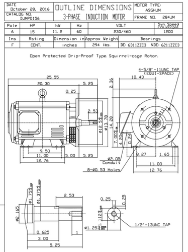 DJMP0156 TECO-Westinghouse 15 HP 1200 RPM 284T JM  230/460V ODP Rolled Steel 3-Ph Pump Motor