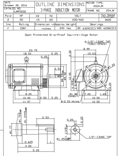 DJMP0202 TECO-Westinghouse 20 HP 3600 RPM 254T JM  230/460V ODP Rolled Steel 3-Ph Pump Motor