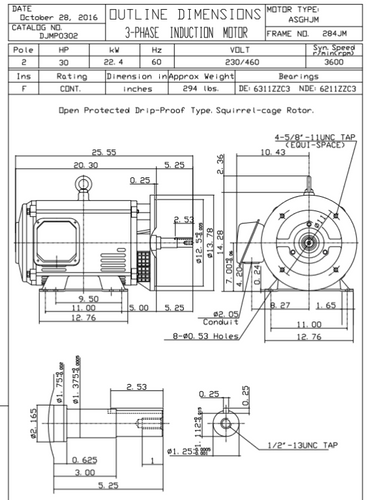 DJMP0302 TECO-Westinghouse 30 HP 3600 RPM 284TS JM  230/460V ODP Rolled Steel 3-Ph Pump Motor