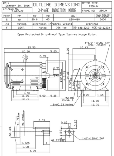DJMP0402 TECO-Westinghouse 40 HP 3600 RPM 286TS JM  230/460V ODP Rolled Steel 3-Ph Pump Motor