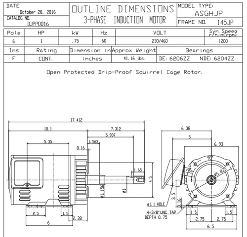 DJPP0016 TECO-Westinghouse 1 HP 1200 RPM 145T JP 230/460V ODP Rolled Steel 3-Ph Pump Motor