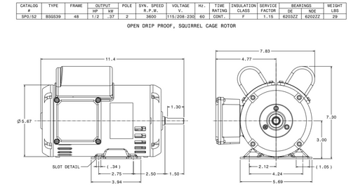 SP0/52 TECO-Westinghouse 1/2 HP 3600 RPM 48 Frame 115/208-230V ODP Rolled Steel 1-Ph Motor