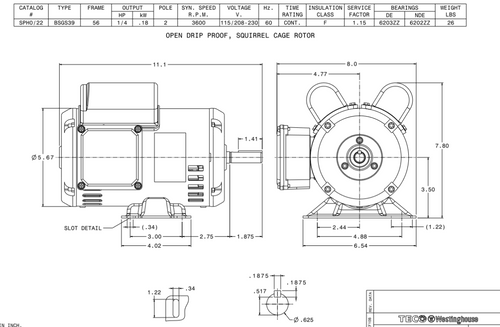 SPH0/22 TECO-Westinghouse 1/4 HP 3600 RPM 56 Frame 115/208-230V ODP Rolled Steel 1-Ph Motor