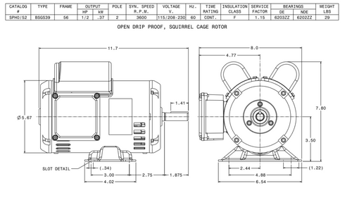 SPH0/52 TECO-Westinghouse 1/2 HP 3600 RPM 56 Frame 115/208-230V ODP Rolled Steel 1-Ph Motor