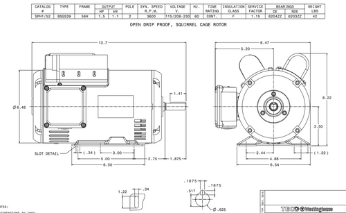SPH1/52 TECO-Westinghouse 1 1/2 HP 3600 RPM 56H Frame 115/208-230V ODP Rolled Steel 1-Ph Motor