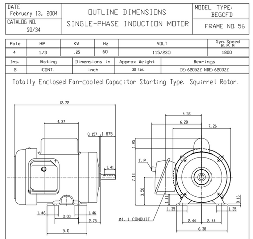 S0/34 TECO-Westinghouse 1/3 HP 1800 RPM 56 Frame 115/230V TEFC Rolled Steel 1-Ph Motor