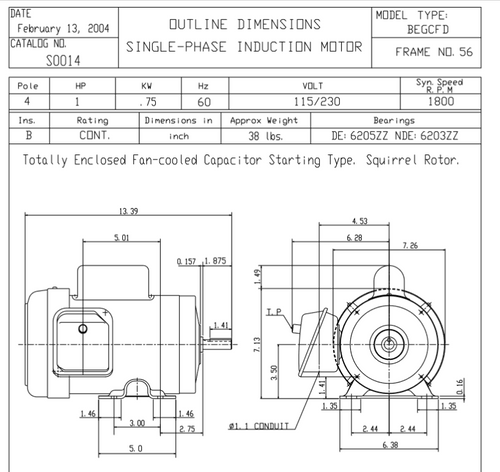 S0014 TECO-Westinghouse 1 HP 1800 RPM 56 Frame 115/230V TEFC Rolled Steel 1-Ph Motor