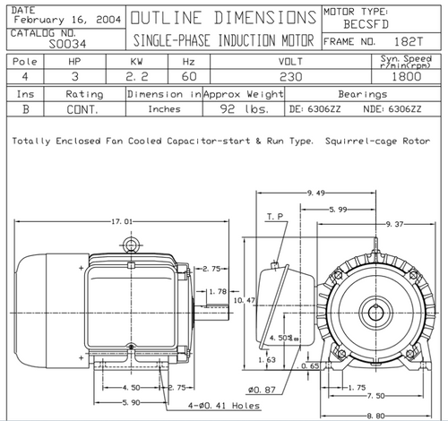 S0034 TECO-Westinghouse 3 HP 1800 RPM 182T Frame 230V TEFC Cast Iron 1-Ph Motor