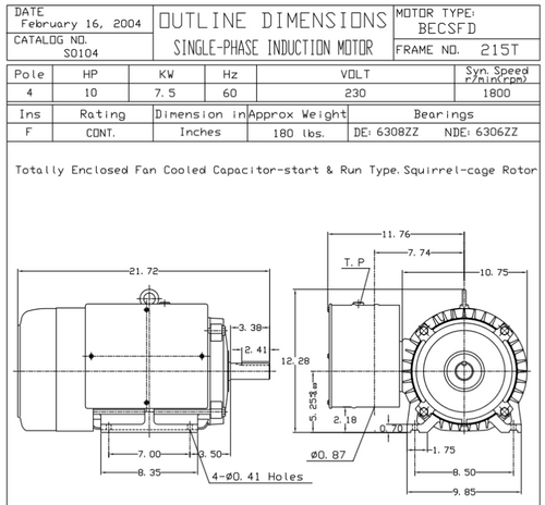 S0104 TECO-Westinghouse 10 HP 1800 RPM 215T Frame 230V TEFC Cast Iron 1-Ph Motor