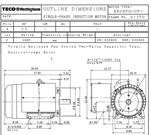 S7/54C TECO-Westinghouse 7 1/2 HP 1800 RPM 213TC Frame 230V TEFC Cast Iron 1-Ph Motor