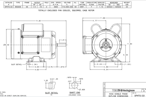SPHT0/22 TECO-Westinghouse 1/4 HP 3600 RPM 56 Frame 115/208-230V TEFC Rolled Steel 1-Ph Motor