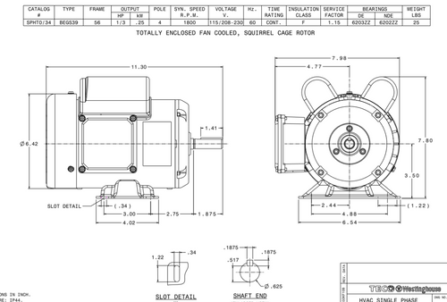 SPHT0/34 TECO-Westinghouse 1/3 HP 1800 RPM 56 Frame 115/208-230V TEFC Rolled Steel 1-Ph Motor