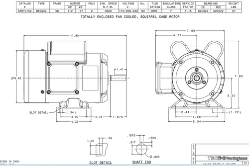 SPHT0/52 TECO-Westinghouse 1/2 HP 3600 RPM 56 Frame 115/208-230V TEFC Rolled Steel 1-Ph Motor