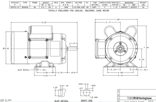 SPHT0/74 TECO-Westinghouse 3/4 HP 1800 RPM 56 Frame 115/208-230V TEFC Rolled Steel 1-Ph Motor