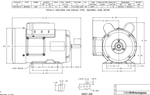SPHT0014 TECO-Westinghouse 1 HP 1800 RPM 56H Frame 115/208-230V TEFC Rolled Steel 1-Ph Motor