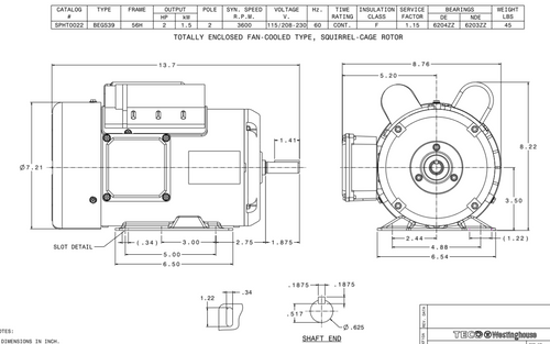 SPHT0022 TECO-Westinghouse 2 HP 3600 RPM 56H Frame 115/208-230V TEFC Rolled Steel 1-Ph Motor